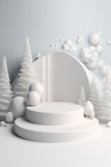 Merry Christmas banner with stage product display cylindrical shape and festive decoration for Christmas, snow background, promotion display, 3D rendering product display platform.