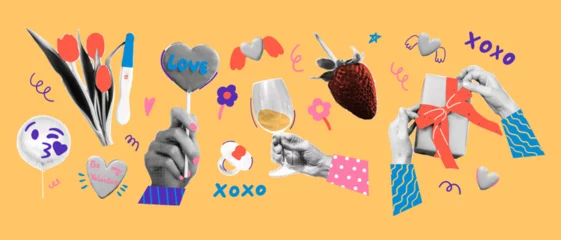 Deurstickers Valentine day halftone style collage elements with funky doodle shapes. Balloons, flower, champagne, candy, strawberry, gift. Trendy vector illustration © Анна Орлова