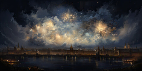 the newest new year with fireworks, in the style of m42 mount, textured backgrounds