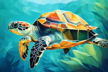 Low Poly Cartoon Tier . Schildkröte die im Meer schwimmt . KI Generated - obrazy, fototapety, plakaty