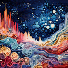a chromatic mirage featuring abstract coral formations during nightfall with influences of quantum mechanics, capturing dynamic patterns and celestial elements