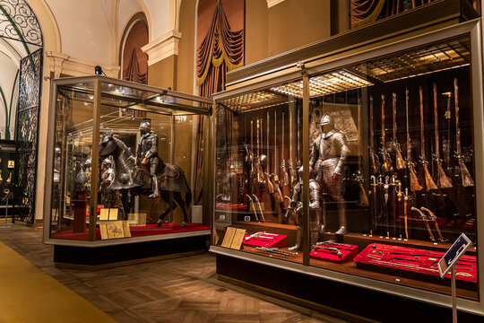 Various exhibits from the history of Russia in the museum armory of the Moscow Kremlin.