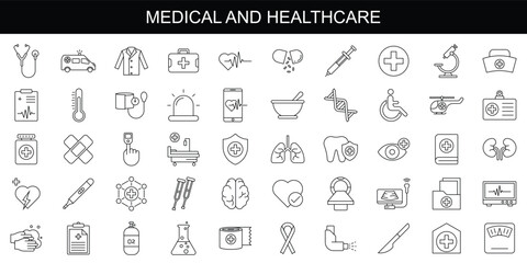 Set of Medical and Healthcare web icons in line style. Medicine, check up, doctor, dentistry, pharmacy, lab, scientific discovery, collection. Vector illustration. - obrazy, fototapety, plakaty