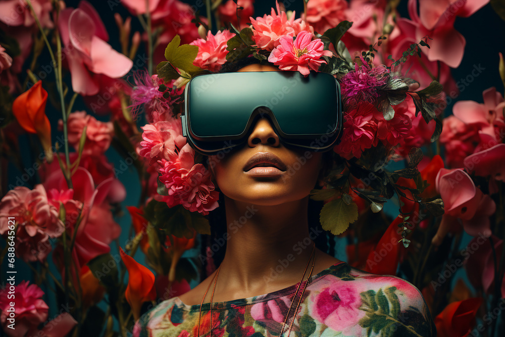 Aufkleber generative ai person using virtual reality goggles 3d augmented experience exited digital world head