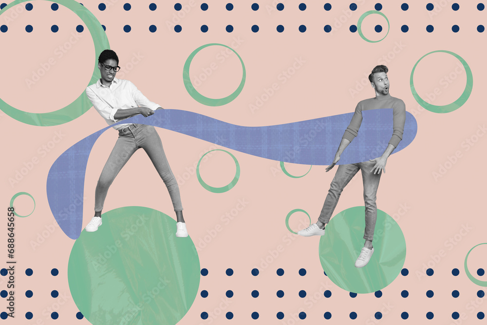 Poster magazine picture collage image of tired boss trying motivate lazy worker isolated creative backgroun