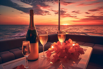 Close up of luxury evening on cruise yacht with champagne glass and bottle in background of...