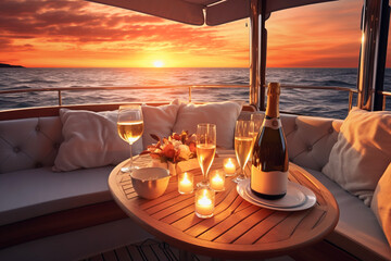Close up of luxury evening on cruise yacht with champagne glass and bottle in background of beautiful sunset and sea. Lifestyle concept of travel and vacation.  - obrazy, fototapety, plakaty
