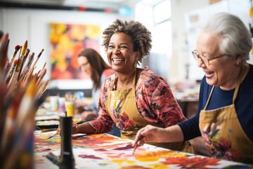 Joyful Art Class Diverse Senior Women Painting in a Bright Workshop Art Therapy Workshop