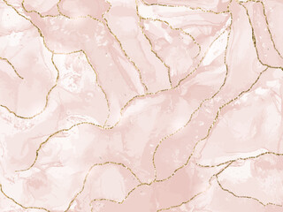 Pink liquid marble canvas painting background with gold glitter splatter. Vector