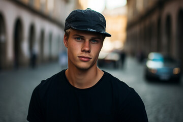 Obraz premium Picture of handsome happy man traveling in city generative ai technology