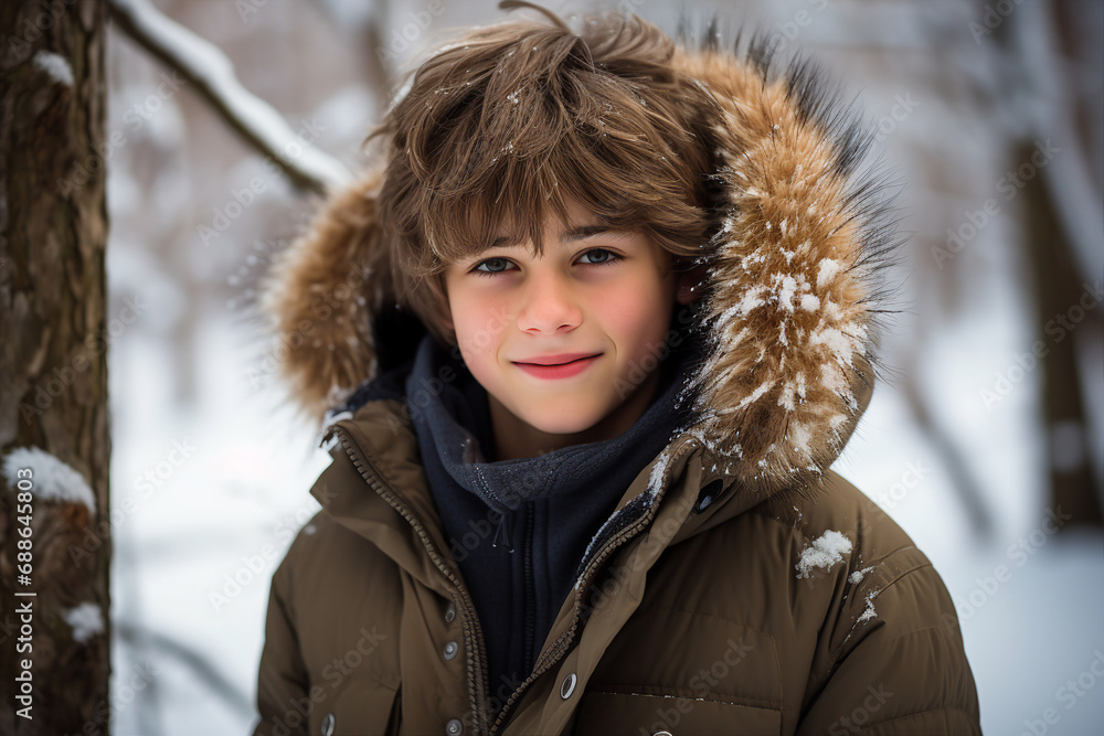 Sticker Adorable child posing against amazing winter view snowy park forest Generative AI