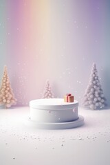 Obraz na płótnie Canvas Merry Christmas banner with stage product display cylindrical shape and festive decoration for Christmas, snow background, promotion display, 3D rendering product display platform.