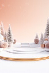 Merry Christmas banner with stage product display cylindrical shape and festive decoration for Christmas, snow background, promotion display, 3D rendering product display platform.