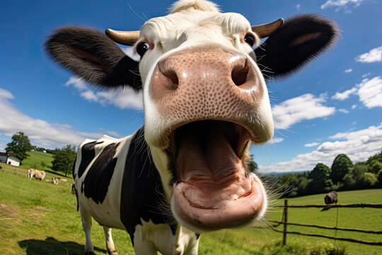 Delightful photo of a cow with a big, cheerful smile in a meme style