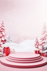 Merry Christmas banner with stage product display cylindrical shape and festive decoration for Christmas, snow background, promotion display, 3D rendering product display platform.