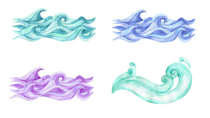 Illustration of sea waves in watercolor. Blue and violet. Transparent background. Resource in png.