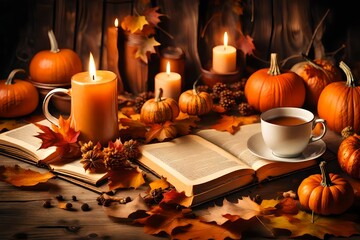 **cozy warm autumn composition with cup of  tea, burning candle, open book and pumpkins on wooden background. autumn home decor. fall mood. Thanksgiving-