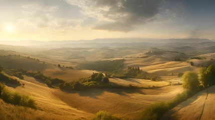 Fotobehang AI generated illustration of a sun-drenched countryside, featuring rolling hills and lush greenery © Wirestock