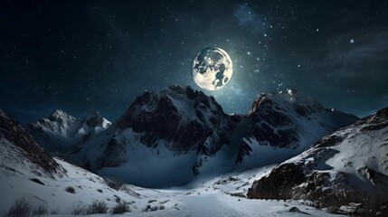 AI generated illustration of a full moon illuminates the snow-capped mountain range in the night sky