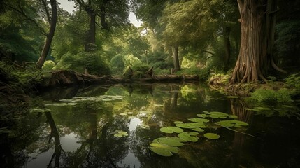 AI generated illustration of a tranquil swamp with a shallow waterway surrounded by lush vegetation