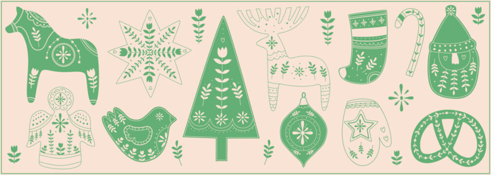 Scandinavian Christmas elements set tree, horse, candy, mitten,pretzel,sock, ball, bauble, bird,star,Santa Claus isolated green on beige background