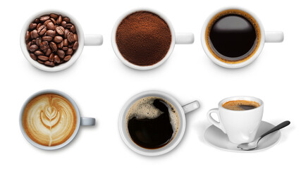 White cups with black coffee. View from above. Transparent background. Resource in png.
