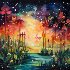a symphony featuring chromatic watercolor strokes, abstract fireflies in an oasis setting, forming a unique and energetic composition