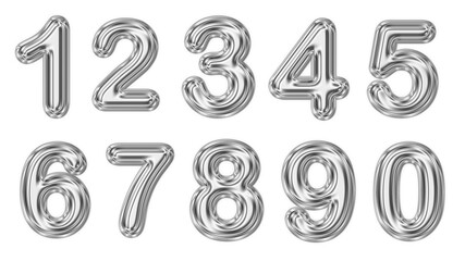 Silver balloons in the shape of numbers from 0 to 9. Transparent background. Resource in png.