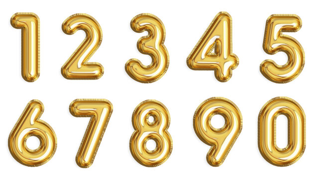 Golden Balloons In The Shape Of Numbers From 0 To 9. Transparent Background. Resource In Png.