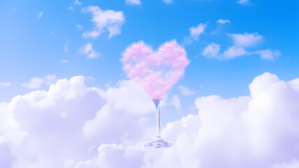 Fototapeta na wymiar A champagne glass and Heart made of clouds in the sky, with pastel colors, love concept,beautiful colorful valentine day heart in the clouds as abstract background 