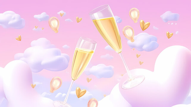 A champagne glass and Heart made of clouds in the sky, with pastel colors, love concept,beautiful colorful valentine day heart in the clouds as abstract background	