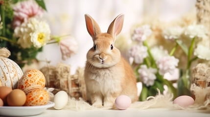 Obraz premium Cute Easter rabbit with decorated eggs and spring flowers on festive table. Little bunny in tender Easter composition. Happy Easter greeting card, banner, border, poster