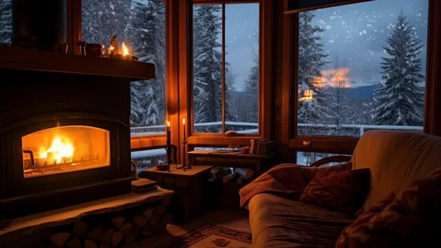 Fireplace lit inside the house in winter. smooth looping time-lapse virtual video background animation. Generated with AI