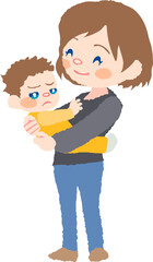 抱っこを嫌がる赤ちゃんと微笑むお母さんのイラスト