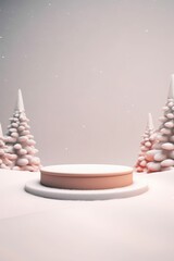 Merry Christmas banner with stage product display cylindrical shape and festive decoration for Christmas, snow background, promotion display, 3D rendering product display platform.