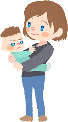 抱っこを嫌がる赤ちゃんと微笑むお母さんのイラスト