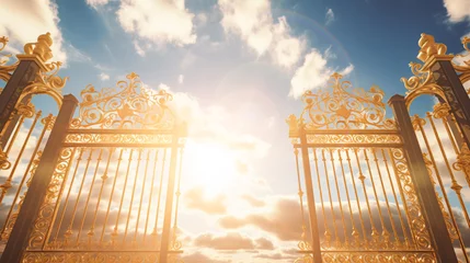 Fotobehang Golden Gates of heaven with sunshine in clouds. Stairway to heaven in glory, gates of Paradise, meeting God, symbol of Christianity. Gates of heaven coming out of the clouds, floating in the sky © Dina Photo Stories