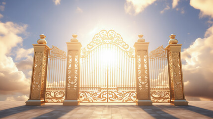 Golden Gates of heaven with sunshine in clouds. Way to Heaven in glory, gates of Paradise, meeting God, symbol of Christianity. Gates of heaven coming out of the clouds, floating in the sky - obrazy, fototapety, plakaty