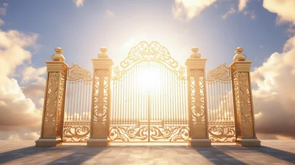 Foto op Plexiglas Golden Gates of heaven with sunshine in clouds. Way to Heaven in glory, gates of Paradise, meeting God, symbol of Christianity. Gates of heaven coming out of the clouds, floating in the sky © Dina Photo Stories