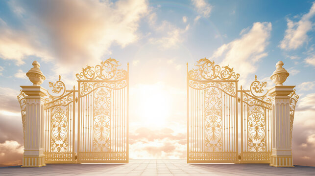 Golden Gates of heaven with sunshine in clouds. Stairway to heaven in glory, gates of Paradise, meeting God, symbol of Christianity. Gates of heaven coming out of the clouds, floating in the sky