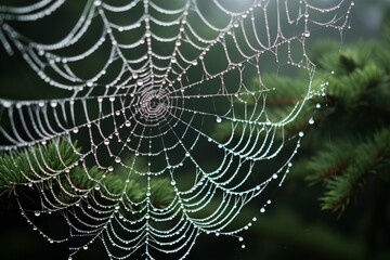 Photo of the delicate beauty of a dew-covered spider web. Generative AI