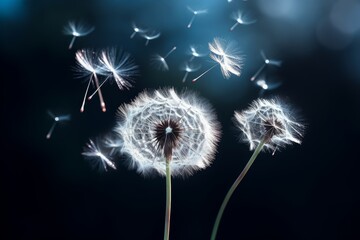 Photo of the delicate parachutes of a dandelion seed. Generative AI
