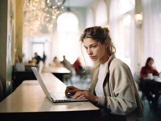 Young woman working on laptop in cafe