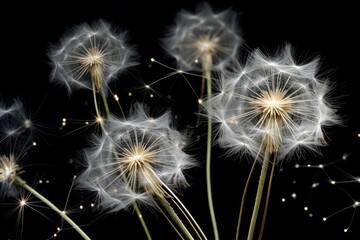 Photo of the delicate parachutes of a dandelion seed. Generative AI