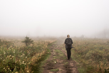 Girl hiking Mountain scenic trail after rain Green forest covered fog Cape Breton National Park Nova Scotia Canada