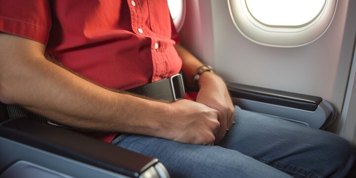 Man is fastened with a seat belt, red with a metal buckle, in an airplane, concept of Safety precautions