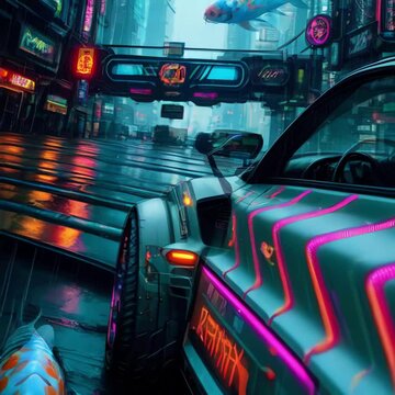 cyberpunk 2077, night city dystopian cyberpunk city, blade runner, futuristic cars, rainy, koi fish hologram, puddle, waterdrops, otherworldly, Adventure, relaxing, meditation. Generative AI	