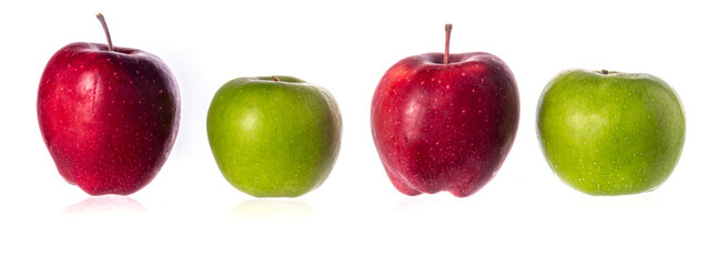 Whole and sliced apples on white background
