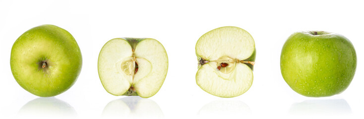 Whole and sliced apples on white background
