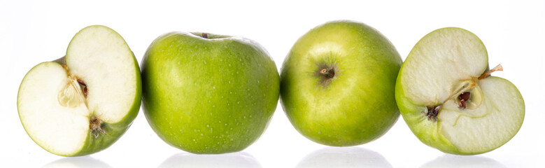 Whole and sliced apples on white background